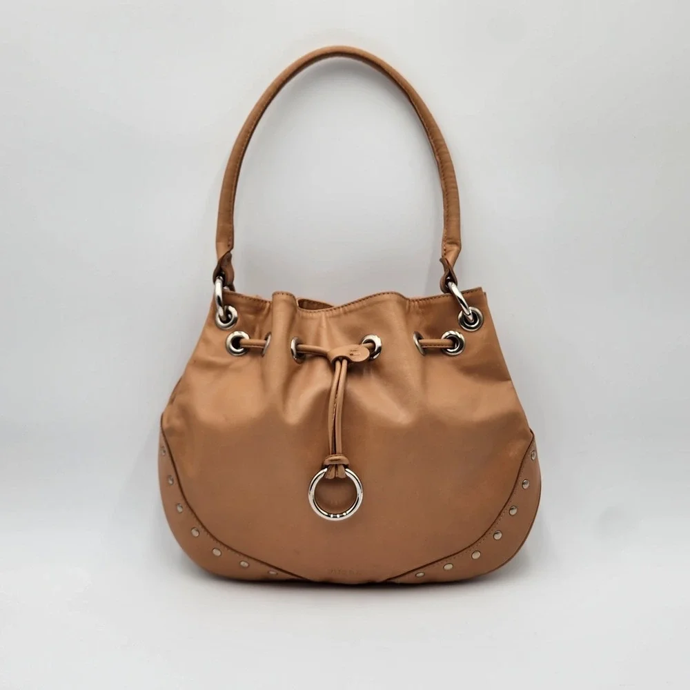 Furla Hobo Shoulder Bag Tan Soft Smooth Leather Drawstring Studded Authentic